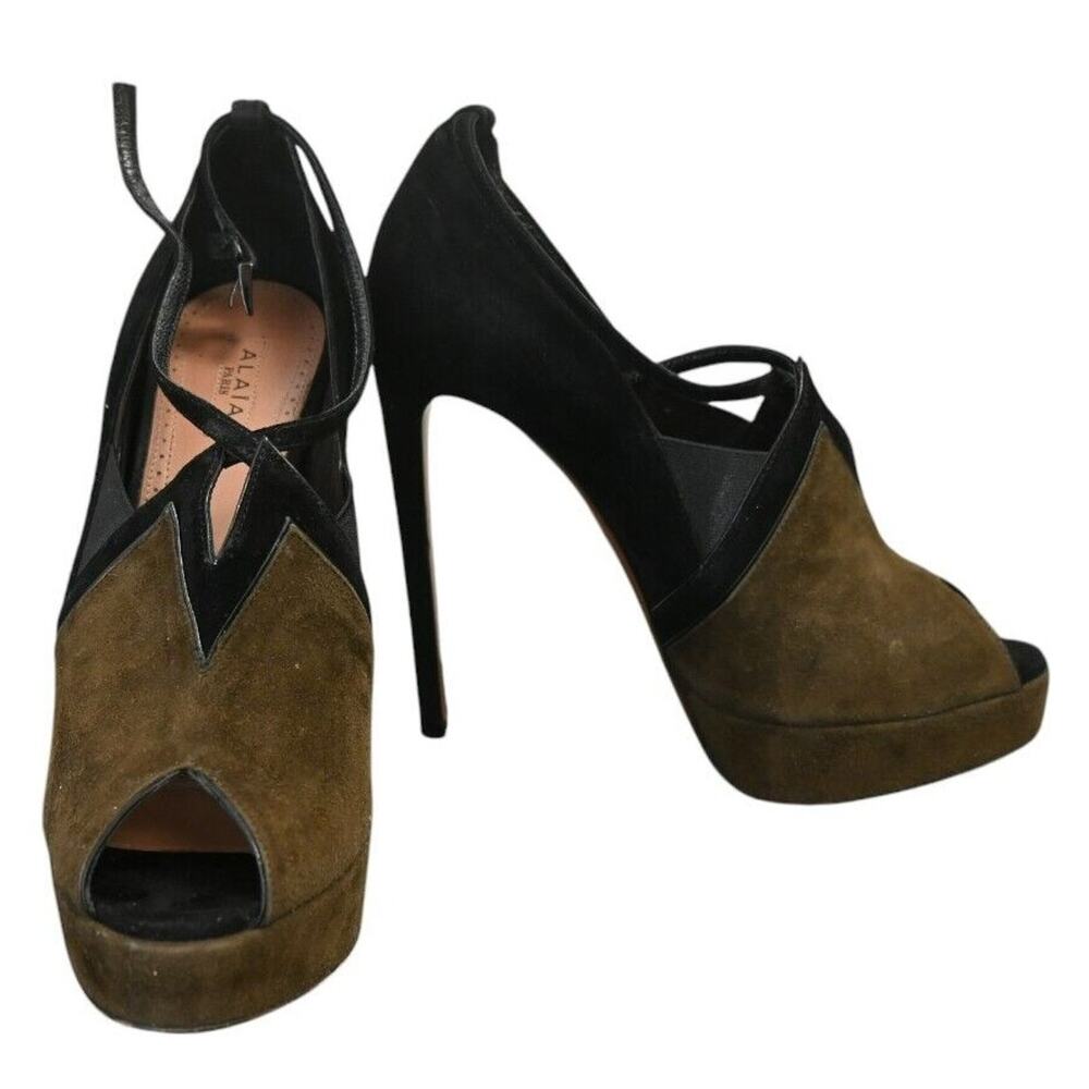 Alaia Olive Green Black Colorblock Suede Platform Heels Size 35.5